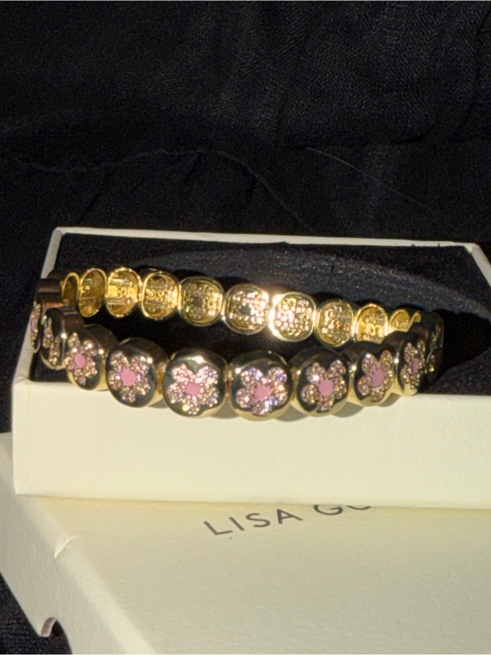 Gold-Tone Bracelet with Pink Floral Accents